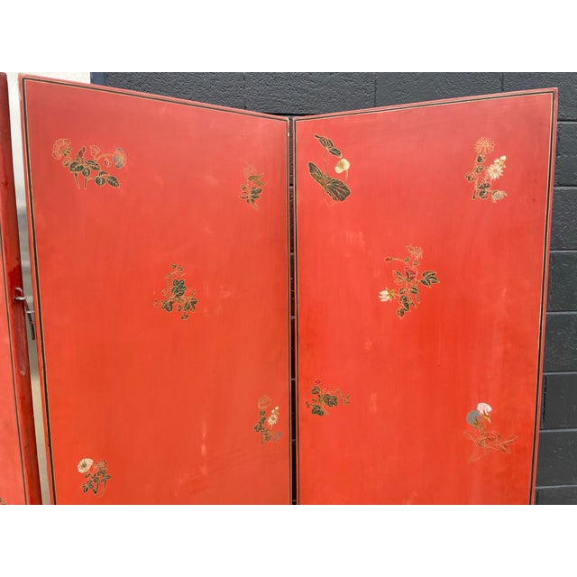 Paint Antique Chinese Four-Panel Lacquer Screen – Hand-Painted Garden Scene With Female Figures For Sale - Image 7 of 12