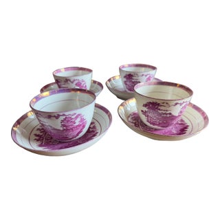 1805 Rare Antique Set of Four Pink Lustre and Bat Printed Pearlware Handled Cups and Saucers, Attributed to Thomas Wolfe - Set of 8 For Sale