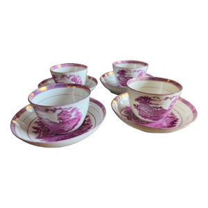 1805 Rare Antique Set of Four Pink Lustre and Bat Printed Pearlware Handled Cups and Saucers, Attributed to Thomas Wolfe - Set of 8