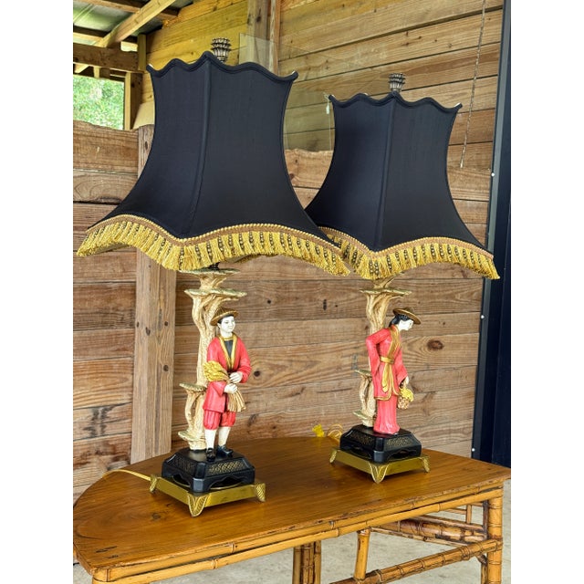 Chelsea House Chinoiserie Figural Table Lamps With Black Shades - a Pair For Sale - Image 12 of 12