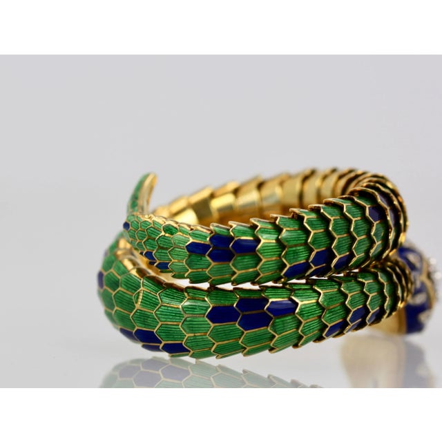 This is part of Chairish’s Fine Jewelry assortment. Enamel Articulated Snake Serpent Bracelet Diamond Head 18K This enamel...