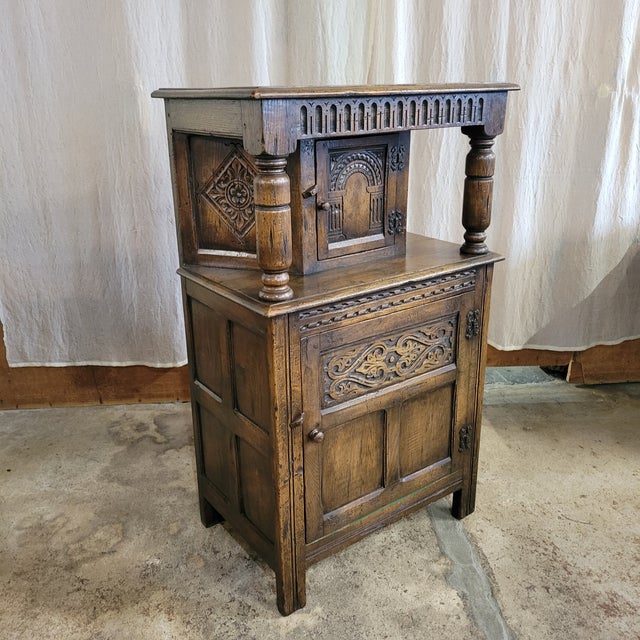 Wood 1920s Small English Gothic Revival Oak Court Cupboard For Sale - Image 7 of 9