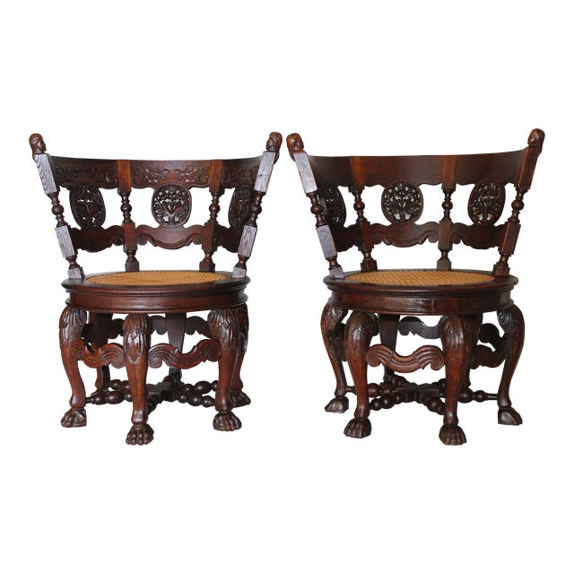 Pair of 19th Century Dutch Colonial Teakwood Burgomaster Chairs With Caned Swivel Seats For Sale