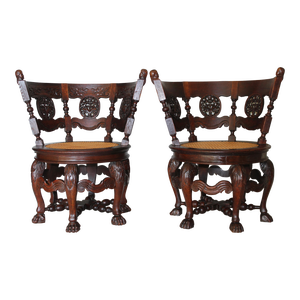 Pair of 19th Century Dutch Colonial Teakwood Burgomaster Chairs With Caned Swivel Seats