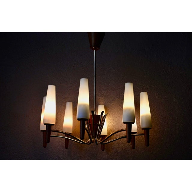 Mid-Century Scandinavian 8-Arm Chandelier in Teak, Brass and Opaline Glass, 1950s For Sale - Image 3 of 13