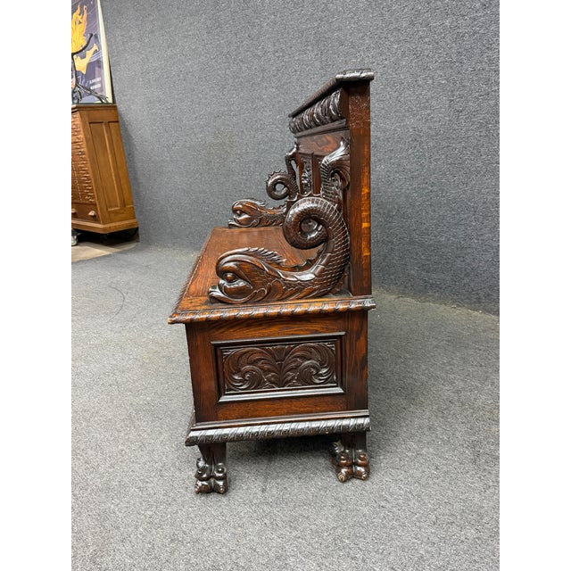 Rj Horner Style American Carved Quarter Sawn Oak Hall Bench With Lift Seat Storage For Sale In Philadelphia - Image 6 of 12
