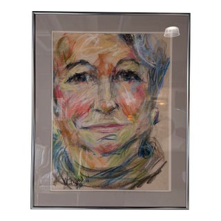 1990's Vintage Expressionist Woman Portrait Oil Pastel on Paper, Signed & Framed For Sale