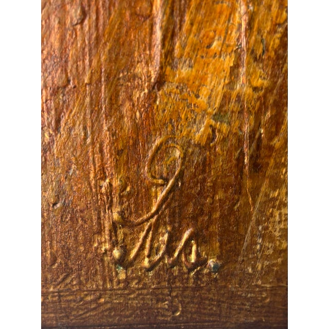 An exceptional vintage signed Brutalist abstract painting executed in a rich metallic palette of bronze, copper, black,...