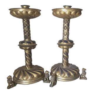 Pair Antique 19thC Victorian, Gothic Candlesticks Lions Dore Bronze For Sale