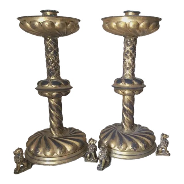 Pair Antique 19thC Victorian, Gothic Candlesticks Lions Dore Bronze For Sale