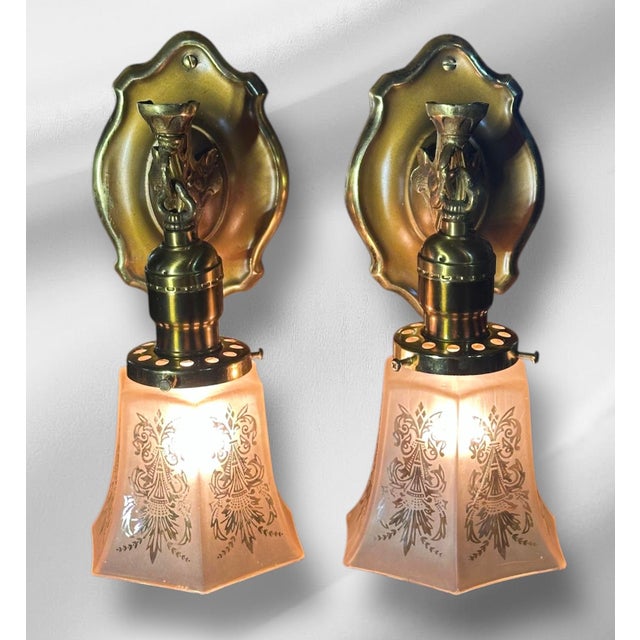 Victorian Antique Small Sconces With Amber Glass Shades - a Pair For Sale - Image 3 of 11