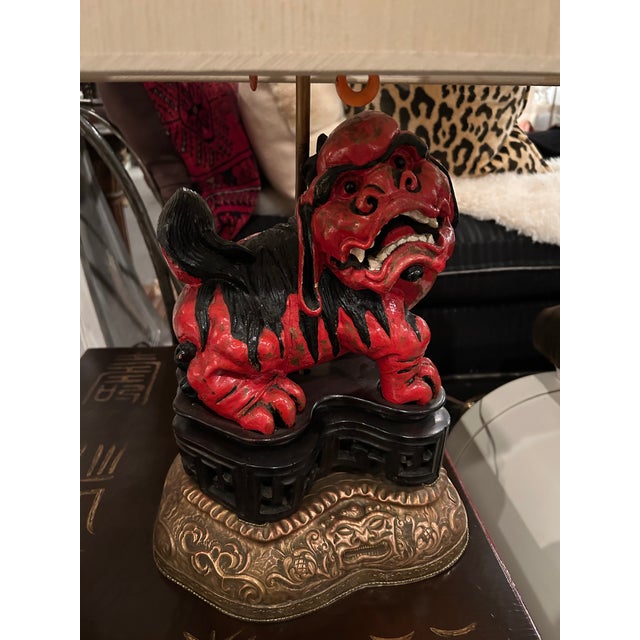1920s Lacquered Carved Wood Foo Dog Table Lamps- a Pair For Sale - Image 10 of 14