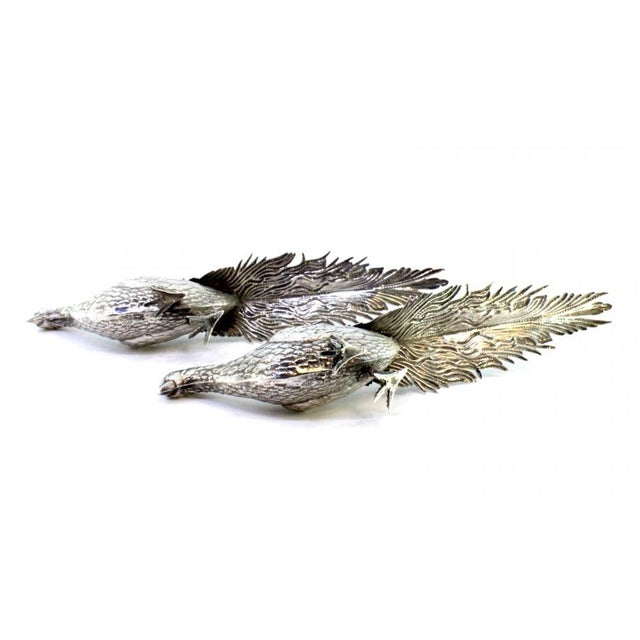 Metal Couple of Silver Peacocks with Reliefs and Applications, Set of 2 For Sale - Image 7 of 9