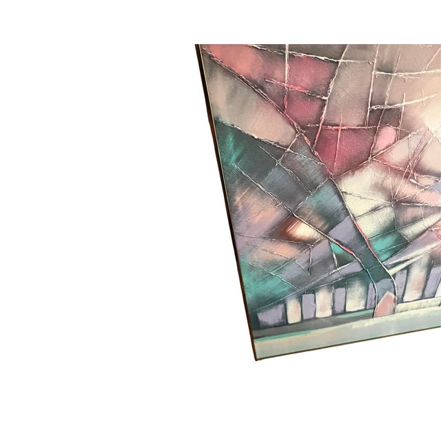 Postmodern Vintage Large Postmodern Abstract 1980s Memphis Lee Reynolds Wall Art Canvas Oil Painting Brass Frame 80s For Sale - Image 3 of 10