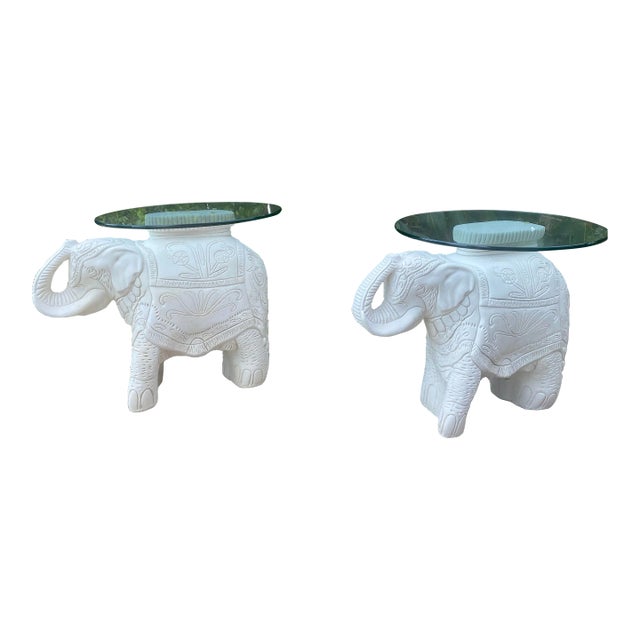Vintage White Elephants Plaster Side Tables- a Pair For Sale