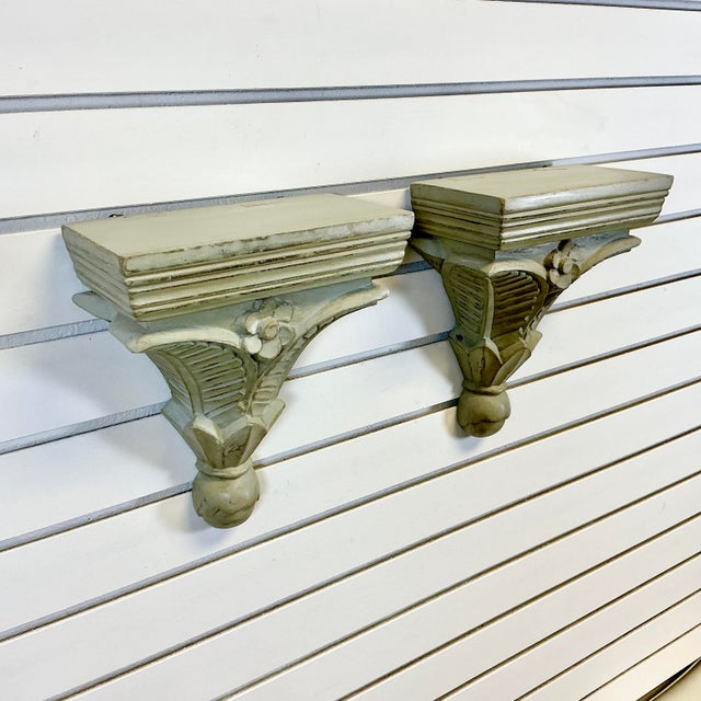 Vintage Coastal Traditional Hand Carved Wooden Painted Wall-Mounted Shelves - A Pair, Palm Fronds Accent For Sale - Image 11 of 17