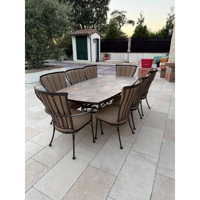 Mediterranean O.W. Lee Monterra Wrought Iron & Stone Top Patio Dining Set, 9 Pieces, Attributed For Sale - Image 3 of 7