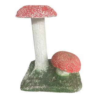 Vintage Concrete Mushroom Garden Sculpture – 19” Tall – Whimsical Double Toadstool For Sale