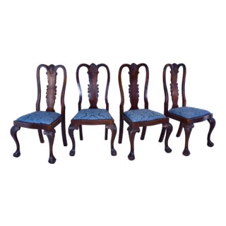 Set of Four Queen Anne Dining Chairs, Hand-Carved Mahogany, England For Sale