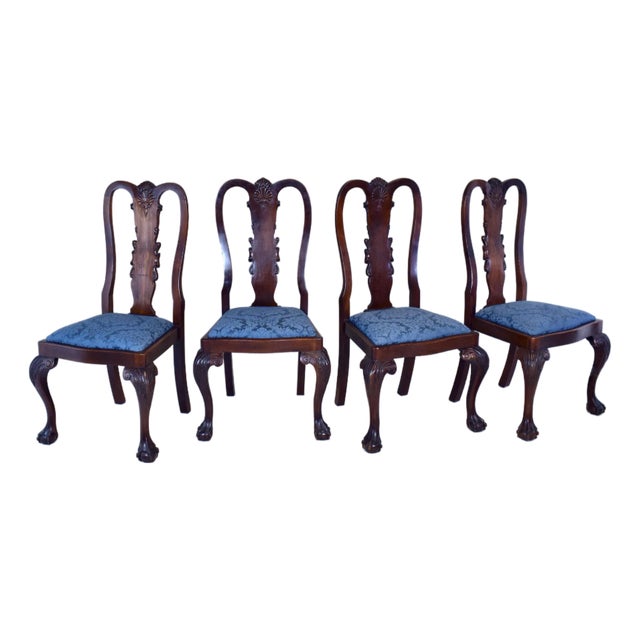 Set of Four Queen Anne Dining Chairs, Hand-Carved Mahogany, England For Sale