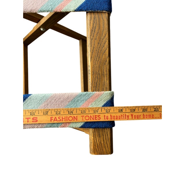 Brown 1980s Vintage Striped Needle Point Wooden Luggage Rack For Sale - Image 8 of 8