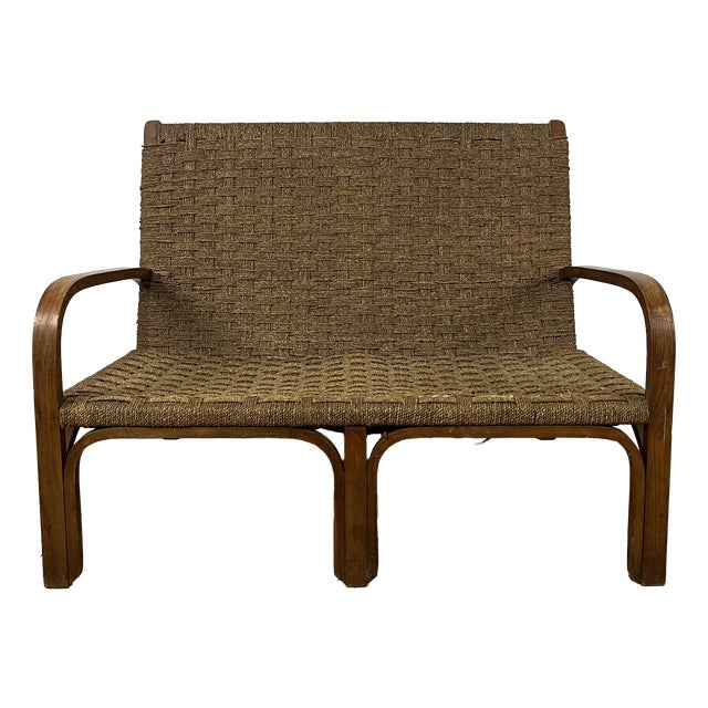 Curved Wood and Woven Rope Sofa Bench by Augusto Romano, 1940s For Sale