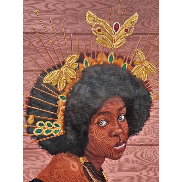 Persistence of Expectations features a striking portrait of a figure adorned with an elaborate crown of butterflies,...