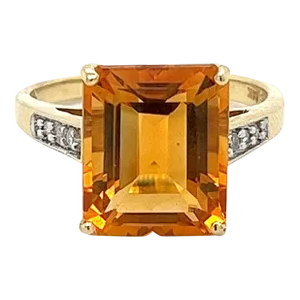 7 Carat Emerald Cut Citrine and Round Cut Diamond Ring in 14k Yellow Gold Size 7