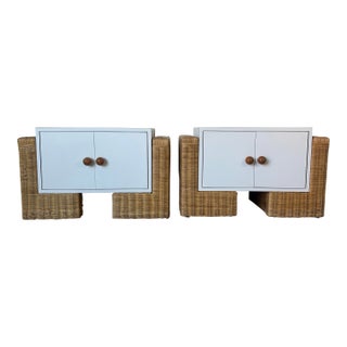 1980’s Vintage Boho Chic Woven Rattan Base Small Nightstands – A Pair For Sale
