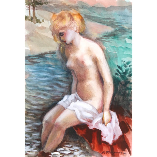 Girl Bathing, Erik Freyman Watercolor With Pastel on Paper, Signed in Pen For Sale - Image 4 of 4