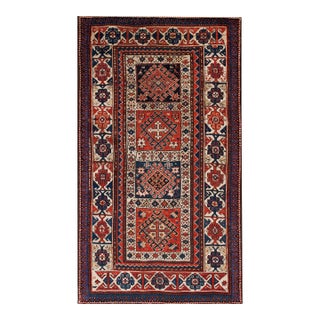 1880s Ivory Red Diamond Tribal Hand Knotted Antique Caucasian Kazak Rug 3'8" X 6'9" Wool Carpet For Sale