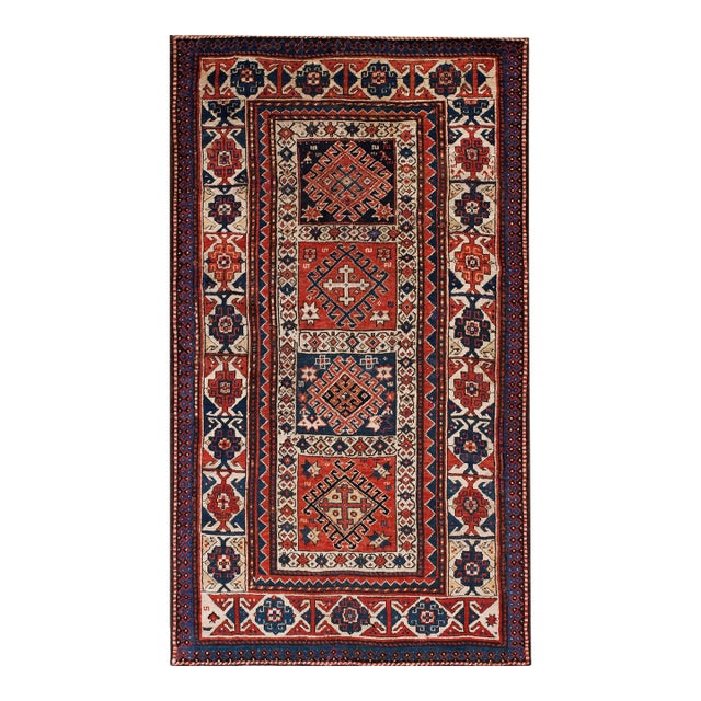 1880s Ivory Red Diamond Tribal Hand Knotted Antique Caucasian Kazak Rug 3'8" X 6'9" Wool Carpet For Sale