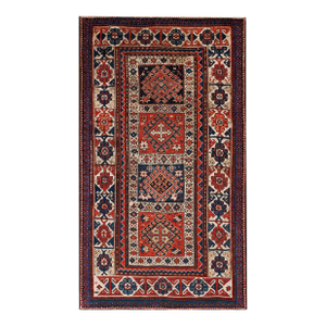1880s Ivory Red Diamond Tribal Hand Knotted Antique Caucasian Kazak Rug 3'8" X 6'9" Wool Carpet