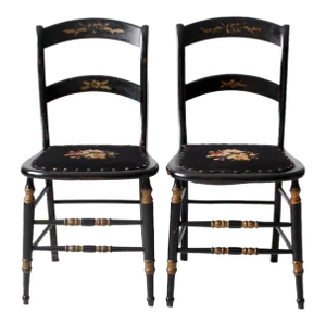 Antique Needlepoint Seat Accent Chairs Pair