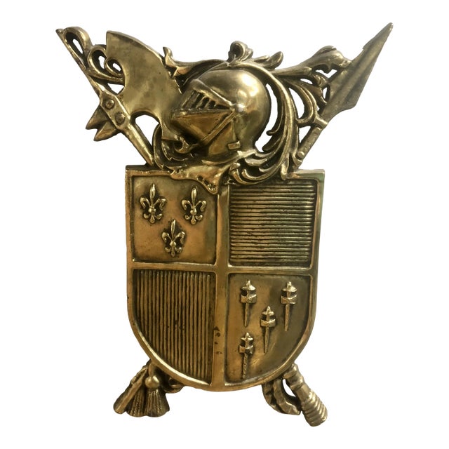 Large French Fleur De Lis Family Crest Brass Coat of Arms Plaque For Sale