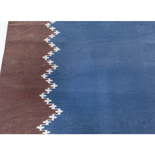 Vintage Indian Dhurrie Blue Brown runner by Doris Leslie Blau Size: 4'7" × 29'4" (139 × 894 cm) This striking vintage...