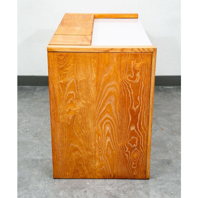 Mid Century Modern Vanity Desk Solid Ash Milk Glass Teak 3 Drawers Vintage MCM For Sale - Image 4 of 12