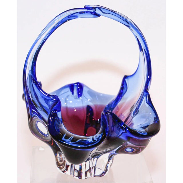 Late 20th Century Murano Art Glass Cobalt Blue Basket With Handle 1970s Italy For Sale - Image 5 of 13
