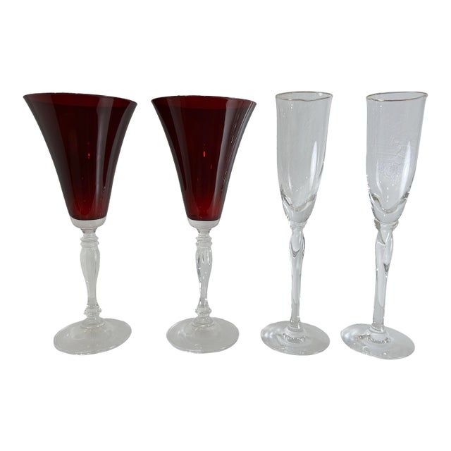 1970s Lenox Ruby Red Water Glasses Lc71 Blown Glass Paired W/2 Elegance by Lenox Rhythm Champagne Flutes 4 Glasses For Sale