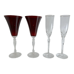 1970s Lenox Ruby Red Water Glasses Lc71 Blown Glass Paired W/2 Elegance by Lenox Rhythm Champagne Flutes 4 Glasses