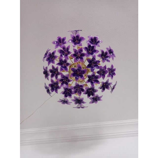 Purple Vintage 1970s Murano Purple Glass Semi-Flush Mount Calla Lily Hand Painted Chandelier For Sale - Image 8 of 12