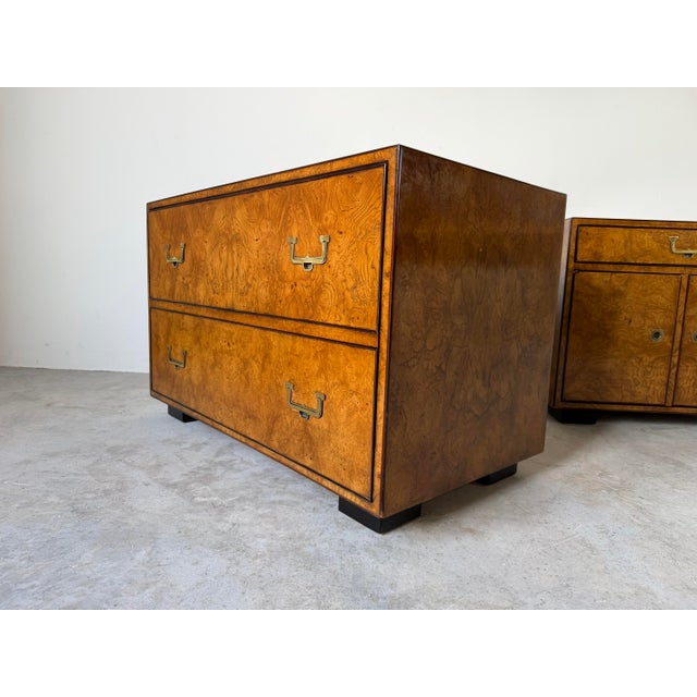 Pair of Vintage John Widdicomb Burl Wood Veneer & Brass Nightstands/ Sold For Sale - Image 10 of 12