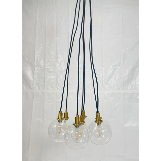 Modern 7-Light Cluster Chandelier With Oversized Glass Globes and Satin Brass For Sale In Los Angeles - Image 6 of 15