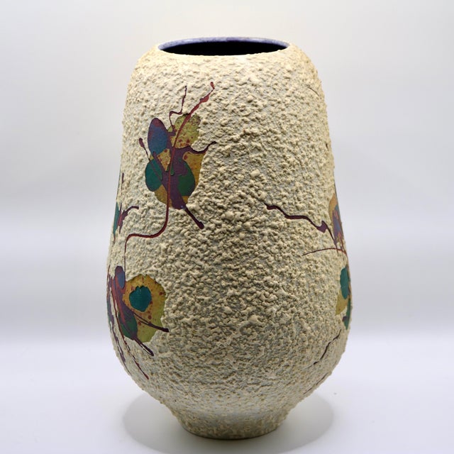 Forest Green 1993 Large Textured Studio Art Pottery Vase With Vibrant Abstract Botanical Glaze For Sale - Image 8 of 9