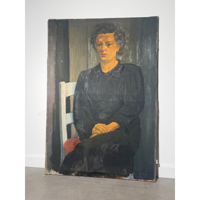 A compelling figurative oil painting by Belgian artist Dré Van Den Langenbergh, depicting a seated woman in a dark dress...