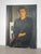 A compelling figurative oil painting by Belgian artist Dré Van Den Langenbergh, depicting a seated woman in a dark dress...