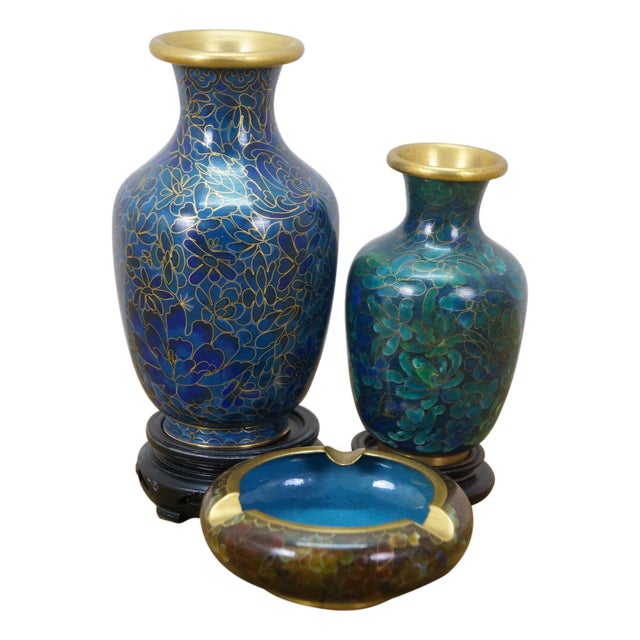 3 Chinese Brass Cloisonne Blue Enameled Floral Bud Vases & Ashtray For Sale