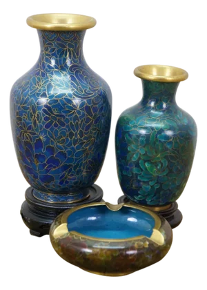 3 Chinese Brass Cloisonne Blue Enameled Floral Bud Vases & Ashtray