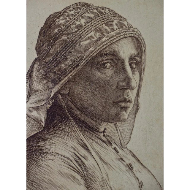 Portraiture A Portrait of a Pensive Woman in a Head Scarf: An Etching by George Rhead, 1890-1910 For Sale - Image 3 of 7