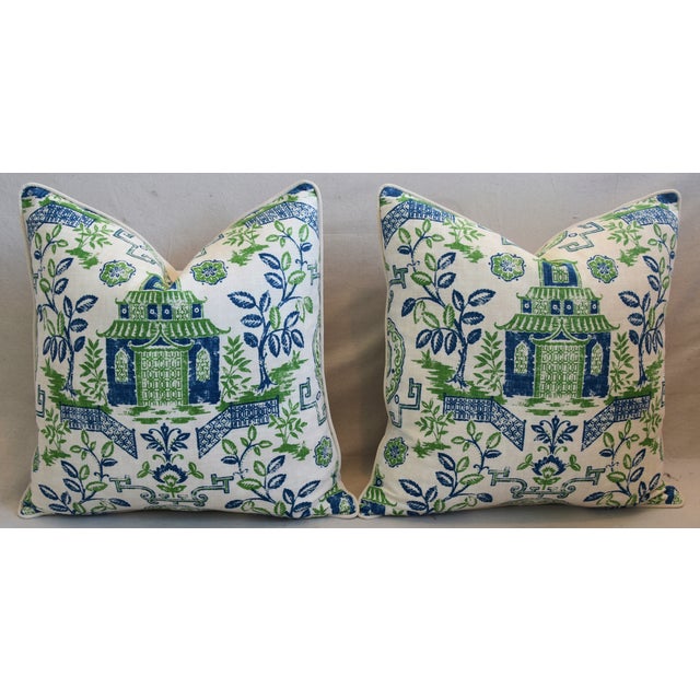 Blue, White & Green Chinoiserie Pagoda Linen & Velvet Feather/Down Pillows 26" Pair Chairish